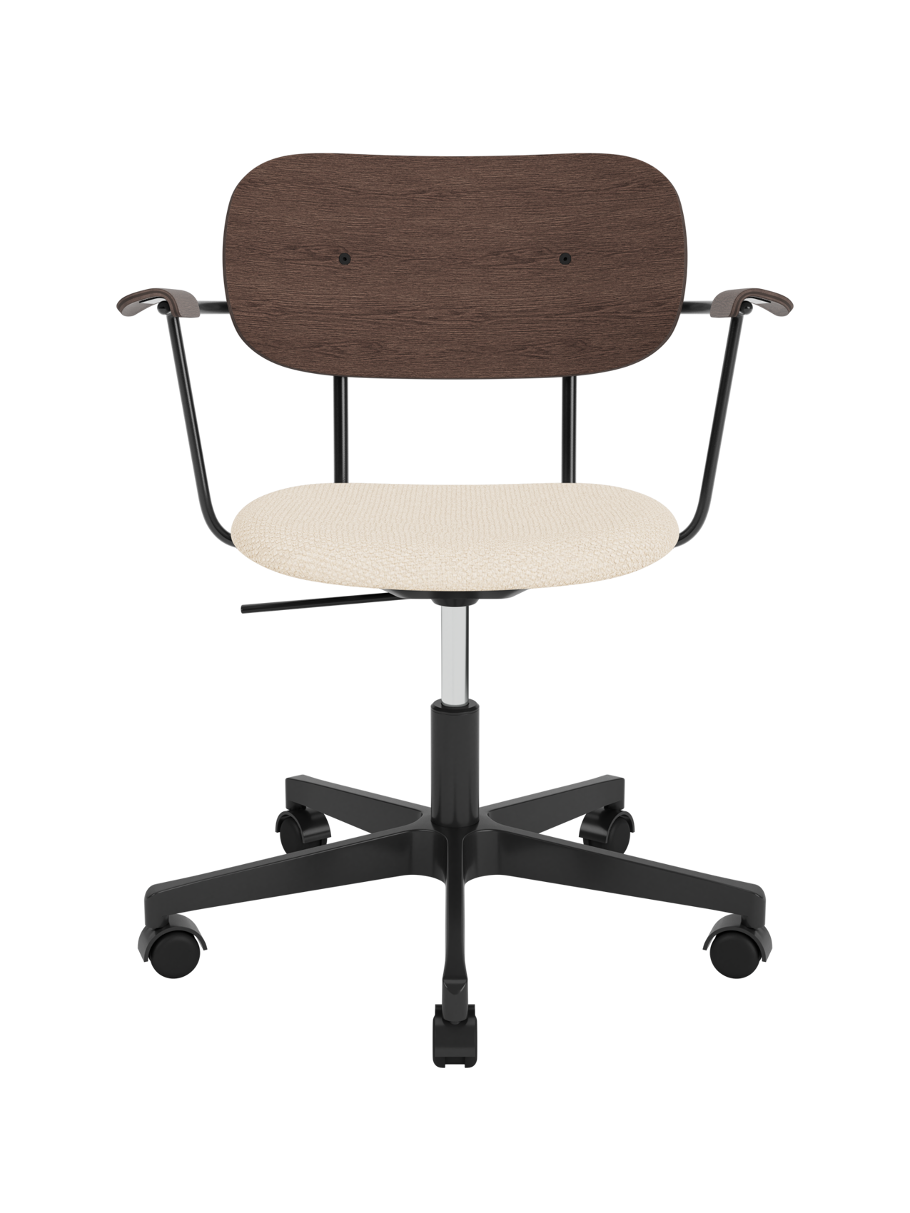 Co Task Chair with Logan Jasmine upholstered seat, dark stained oak back and armrests on a black five-star swivel base.