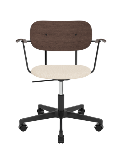 Co Task Chair with Logan Jasmine upholstered seat, dark stained oak back and armrests on a black five-star swivel base.