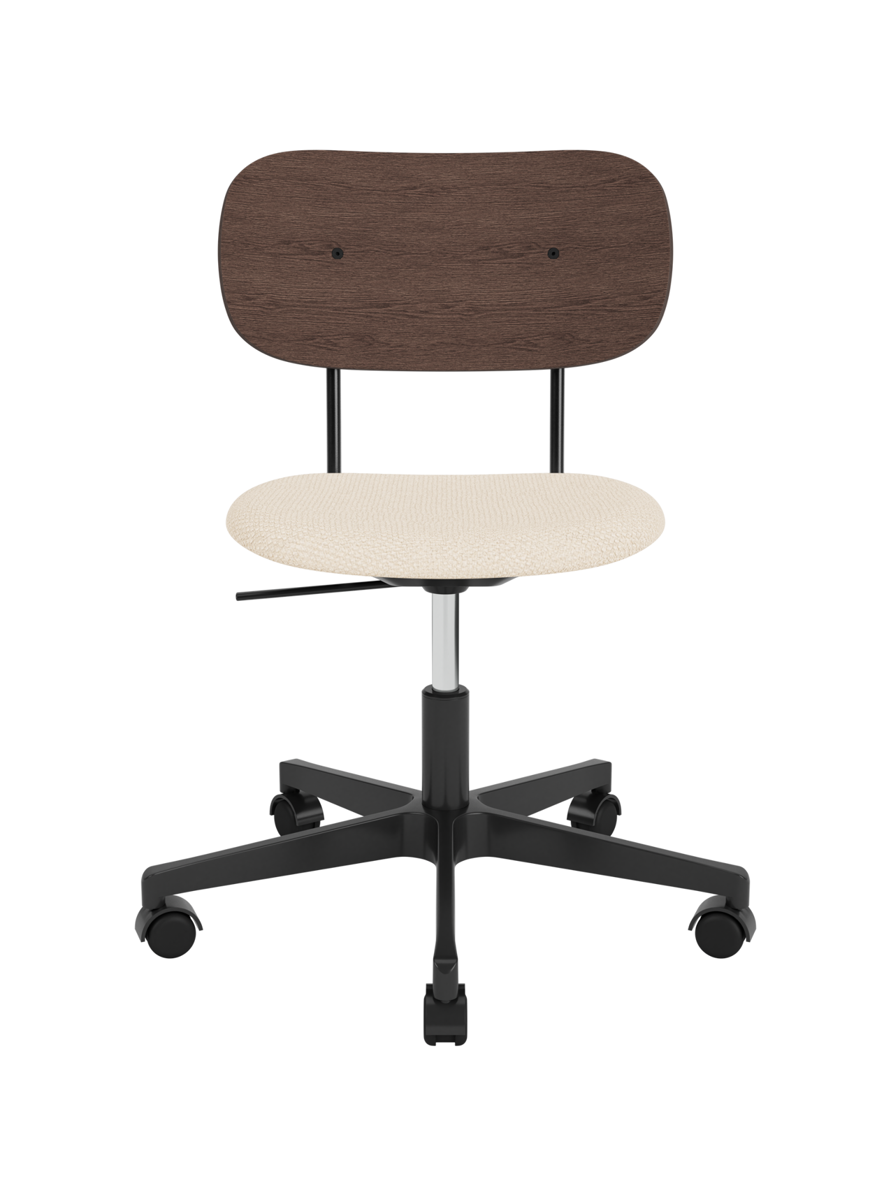 Co Task Chair featuring a dark stained oak backrest and Logan Jasmine upholstered seat on a black five-star swivel base.