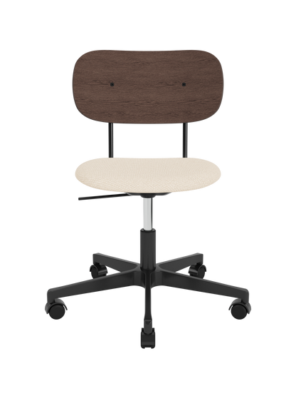 Co Task Chair featuring a dark stained oak backrest and Logan Jasmine upholstered seat on a black five-star swivel base.