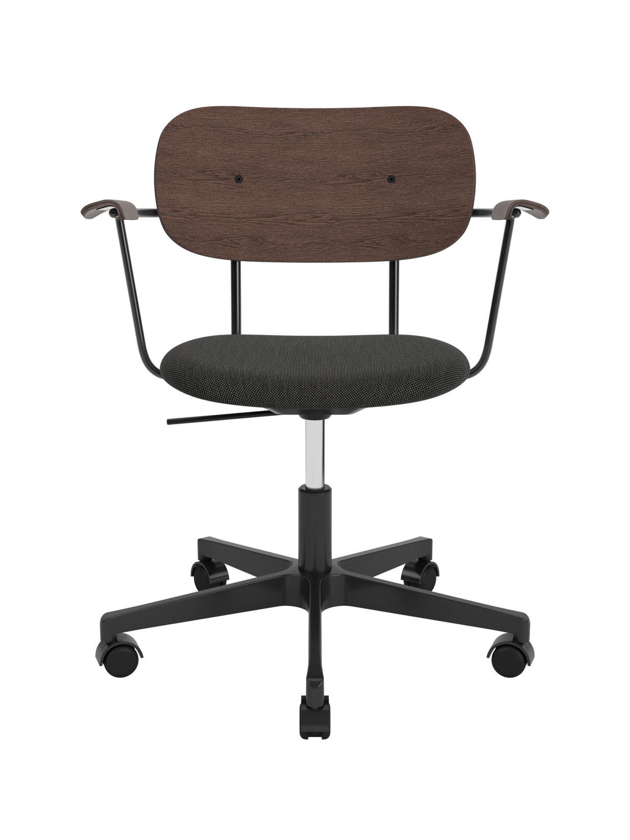 Co Task Chair with dark stained oak backrest, grey Re-wool upholstered seat and black five-star swivel base with castors.