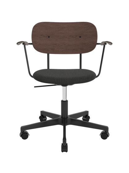 Co Task Chair with dark stained oak backrest, grey Re-wool upholstered seat and black five-star swivel base with castors.