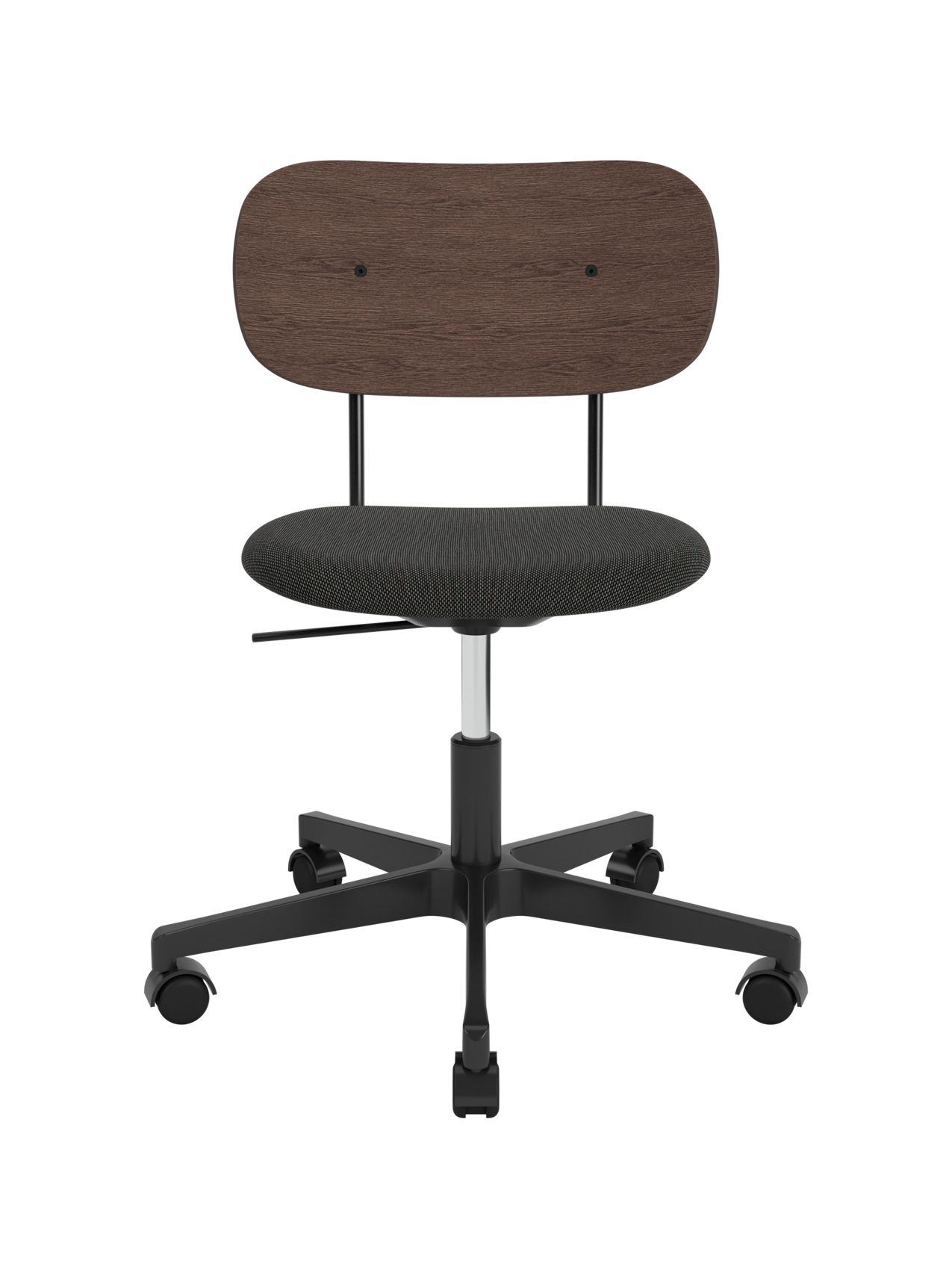Co Task Chair with a dark stained oak back and grey upholstered seat on a black five-star swivel base with castors.