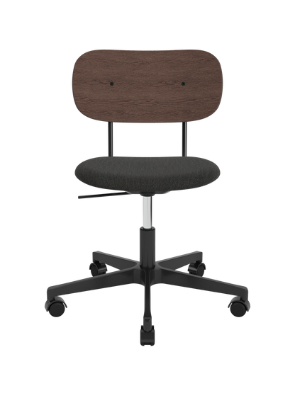 Co Task Chair with a dark stained oak back and grey upholstered seat on a black five-star swivel base with castors.