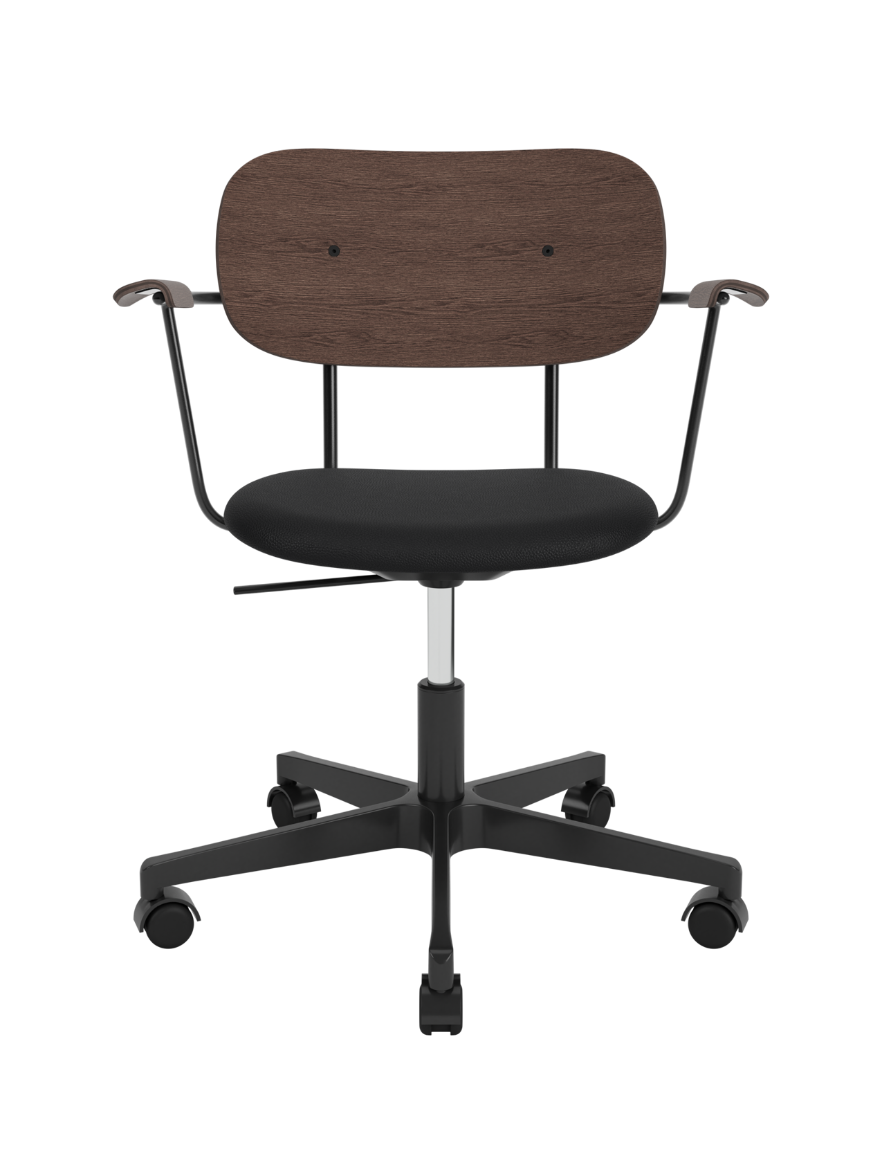 Co Task Chair with armrests, featuring a dark stained oak back and black Sierra leather seat on a black swivel base.