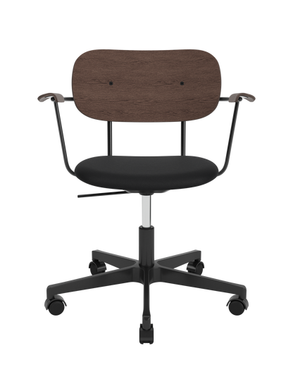 Co Task Chair with armrests, featuring a dark stained oak back and black Sierra leather seat on a black swivel base.