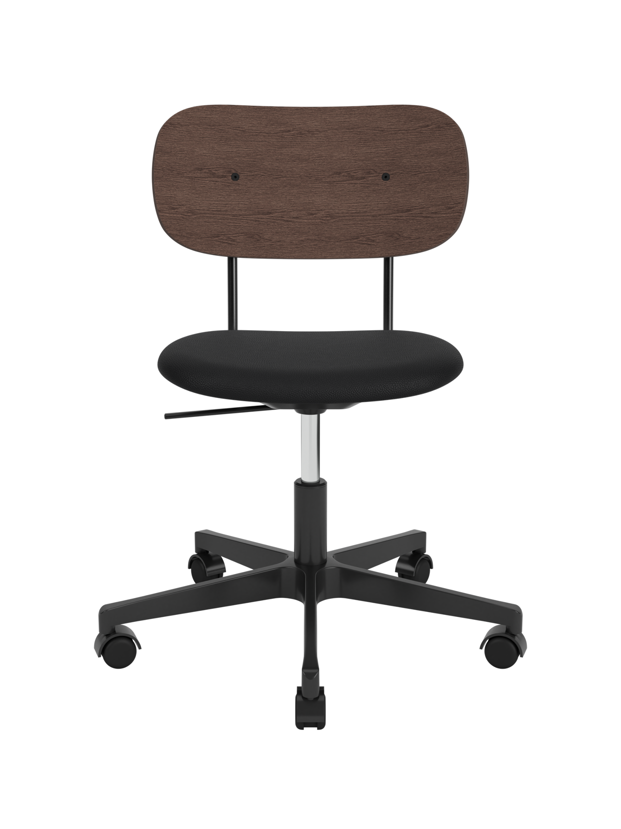 Co Task Chair with a dark stained oak backrest and black upholstered seat on a height-adjustable black swivel base.