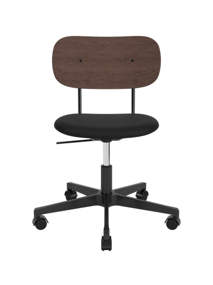 Co Task Chair with a dark stained oak backrest and black upholstered seat on a height-adjustable black swivel base.