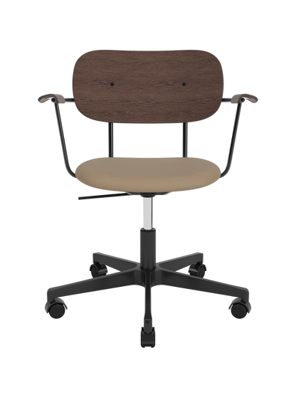 Co Task Chair with dark stained oak back and armrests, Sierra 1611 upholstered seat and black swivel base with castors.