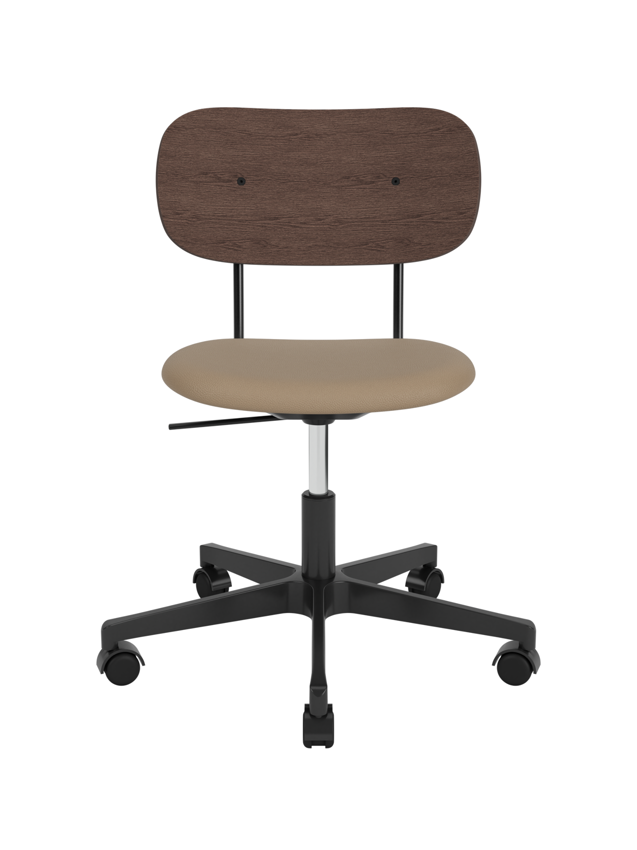 Co Task Chair with dark-stained oak back and beige Sierra leather seat on a black five-star swivel base with castors.