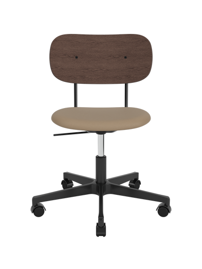 Co Task Chair with dark-stained oak back and beige Sierra leather seat on a black five-star swivel base with castors.