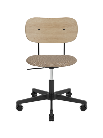 Co Task Chair featuring a natural oak backrest and Logan Flint upholstered seat on a black swivel base with castors.