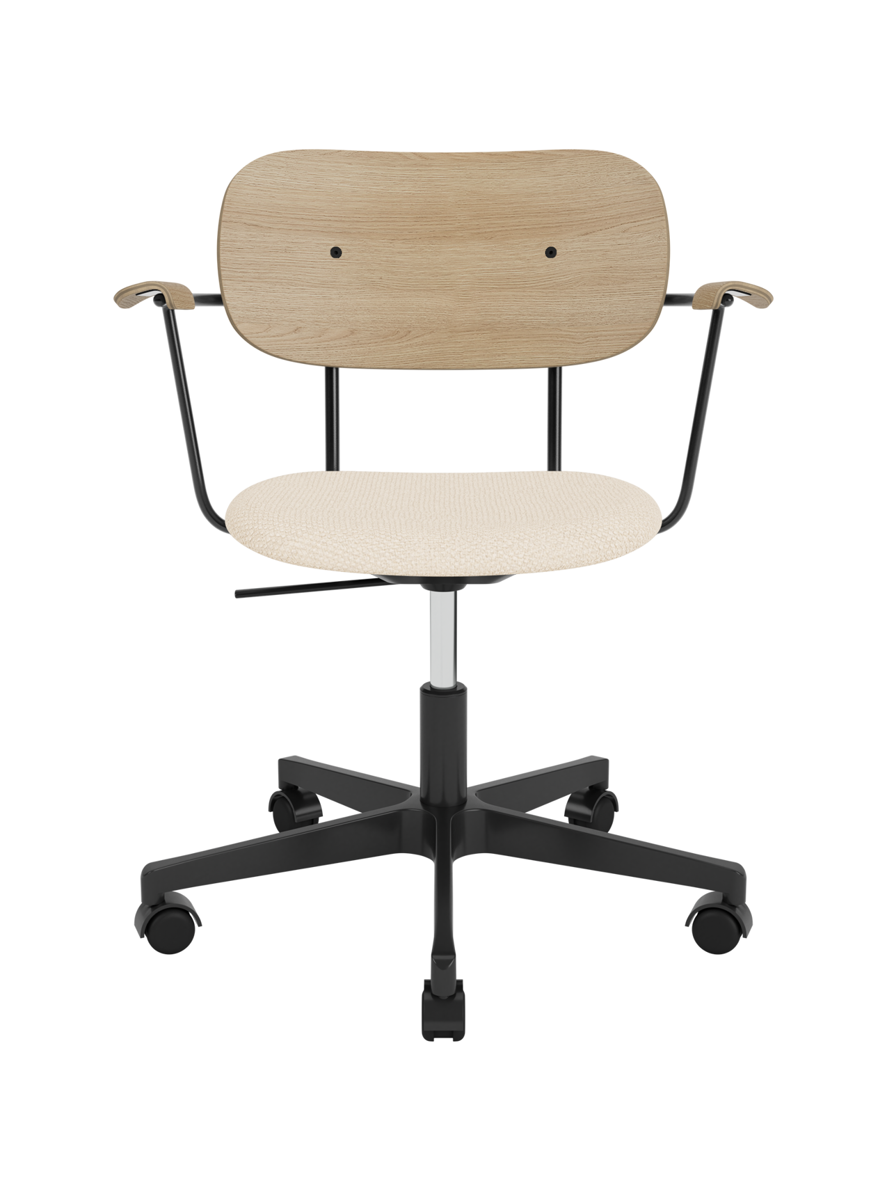 Co Task Chair featuring a Logan Jasmine upholstered seat, natural oak back and armrests, on a black five-star swivel base.