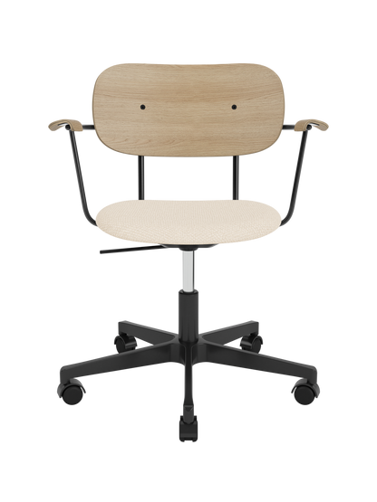 Co Task Chair featuring a Logan Jasmine upholstered seat, natural oak back and armrests, on a black five-star swivel base.