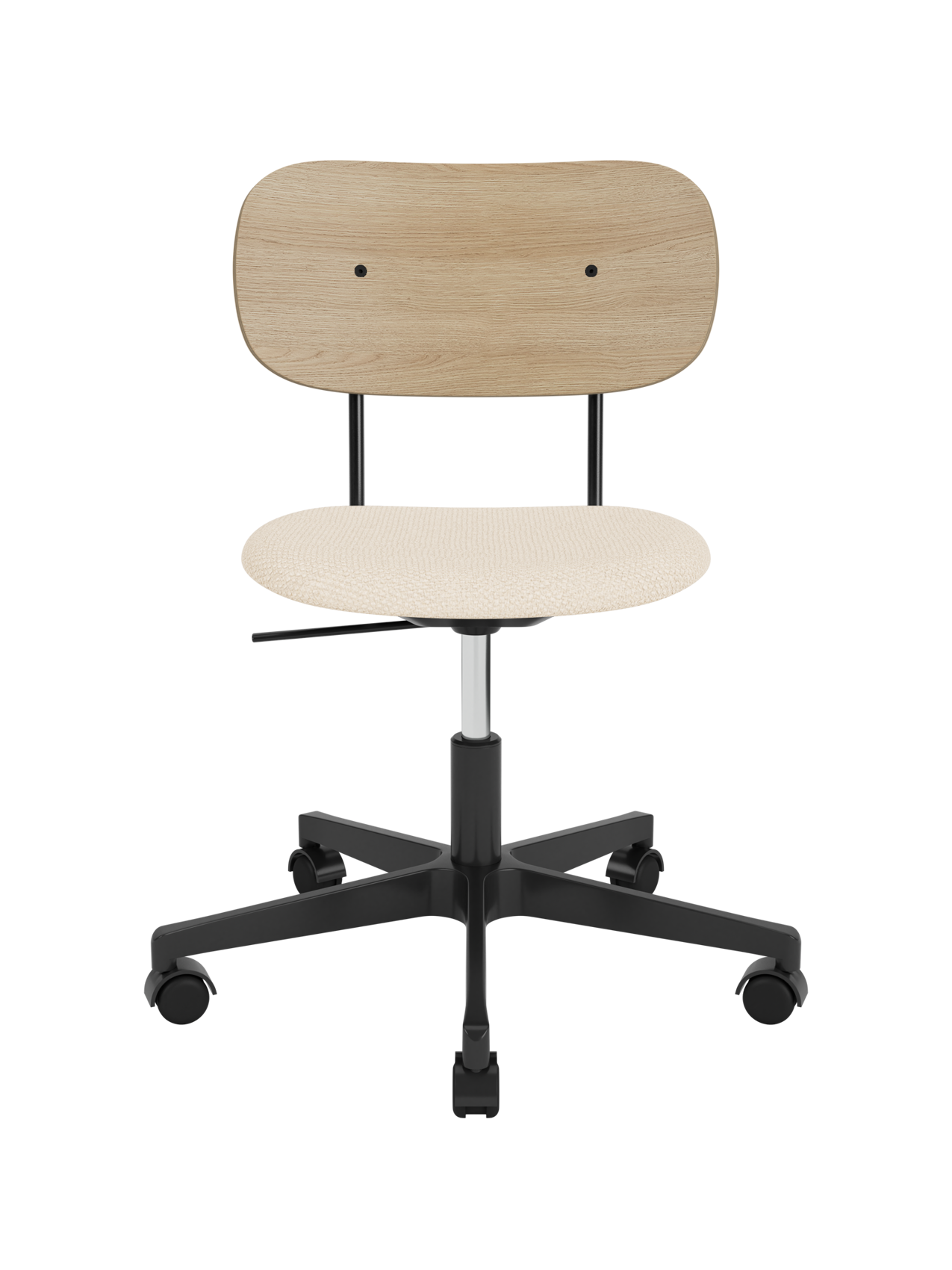 Co Task Chair with a Logan Jasmine upholstered seat, natural oak backrest, and black five-star swivel base with castors.