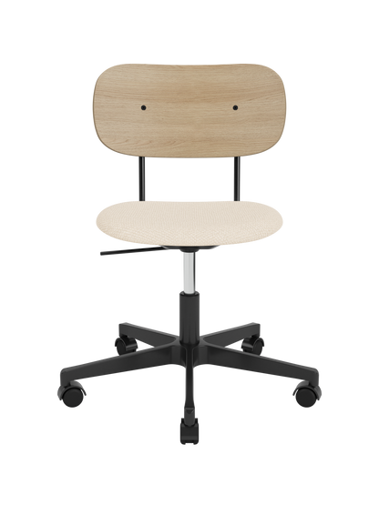 Co Task Chair with a Logan Jasmine upholstered seat, natural oak backrest, and black five-star swivel base with castors.