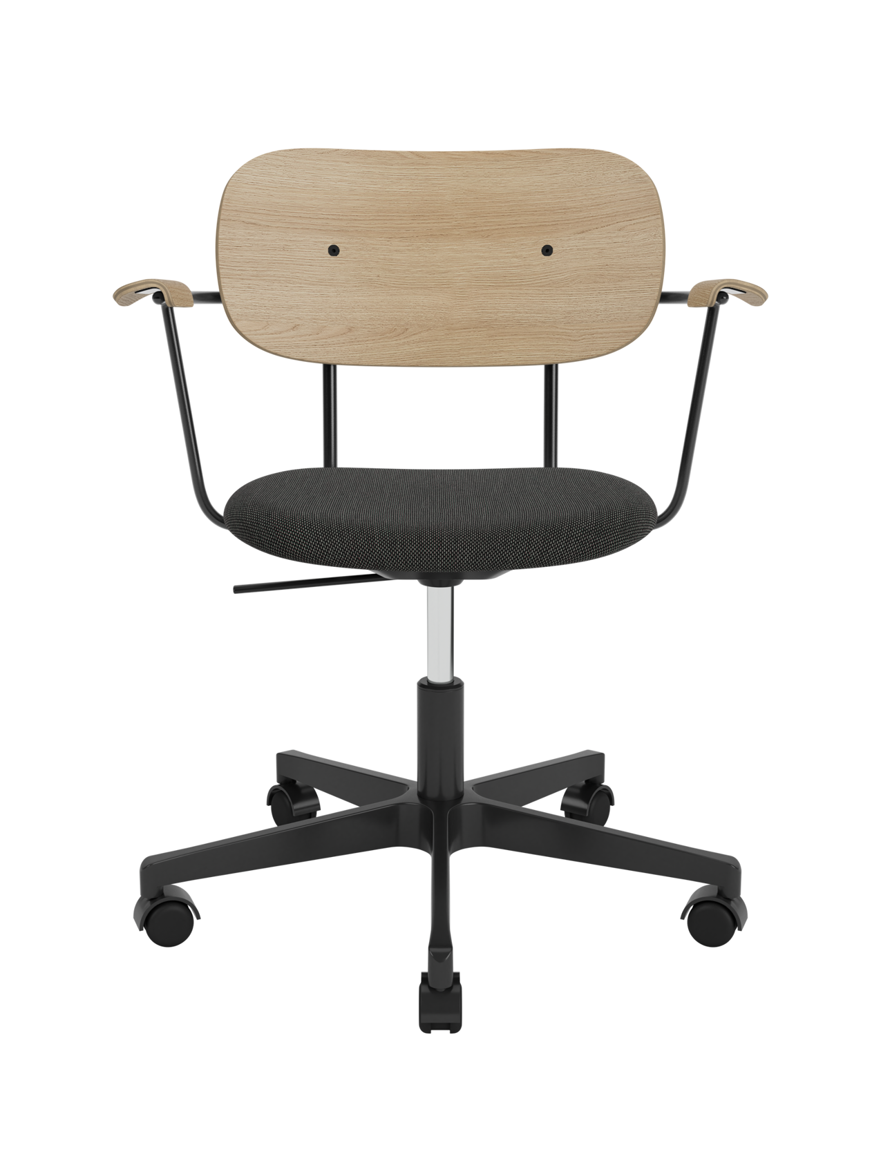 Co Task Chair with natural oak backrest and armrests, black Re-wool 0198 upholstered seat, and black swivel base.