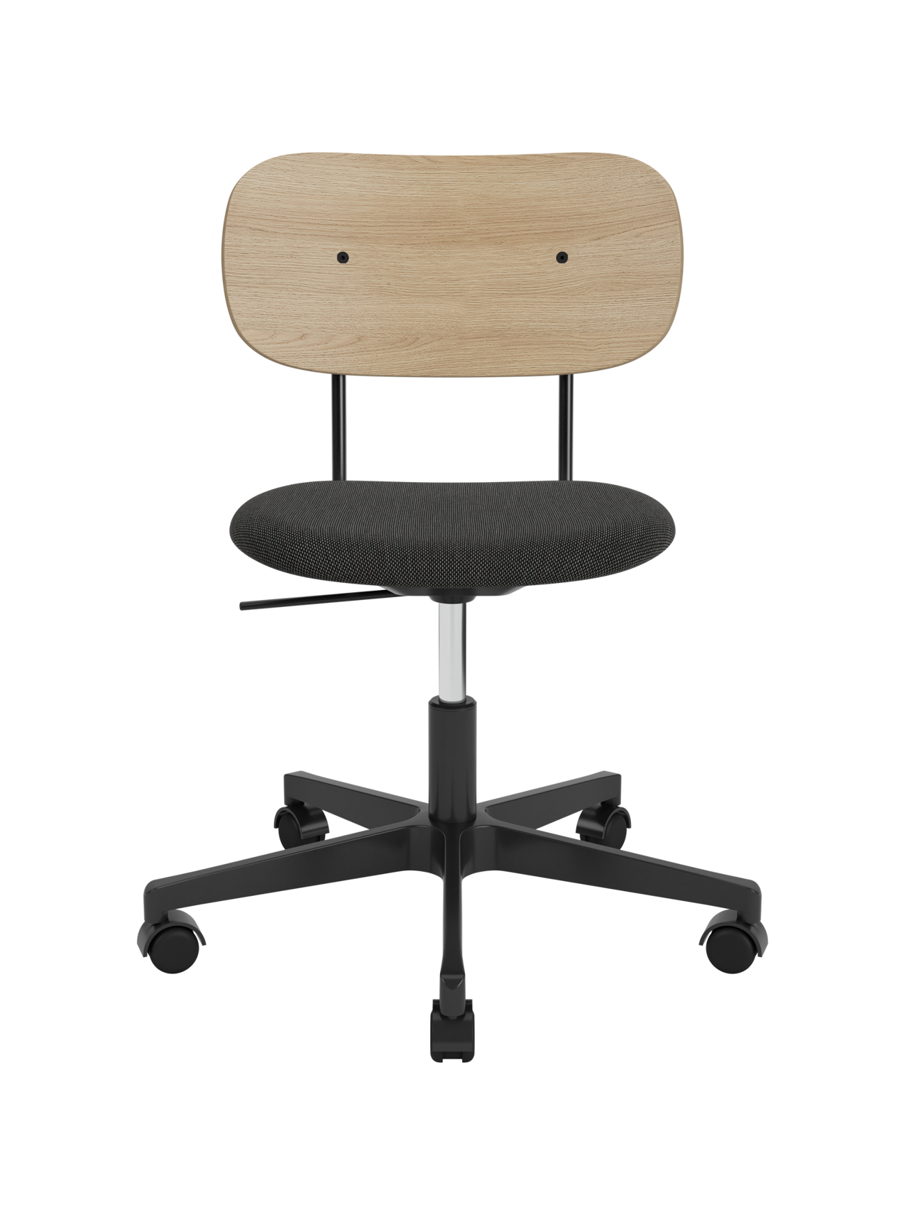 Co Task Chair featuring a natural oak back and grey upholstered seat on a black five-star swivel base with castors.