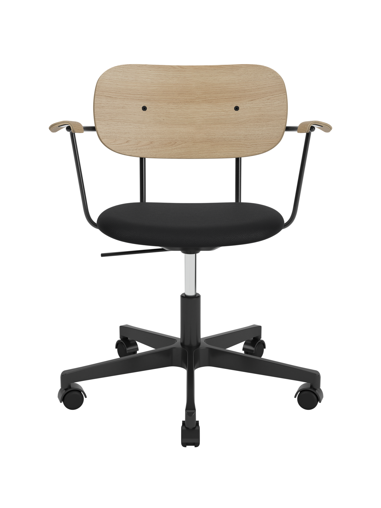 Co Task Chair with natural oak back and armrests, black upholstered seat and a black swivel base on castors.