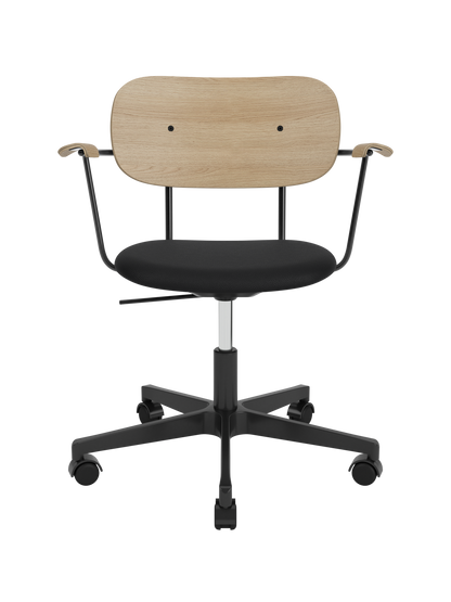 Co Task Chair with natural oak back and armrests, black upholstered seat and a black swivel base on castors.