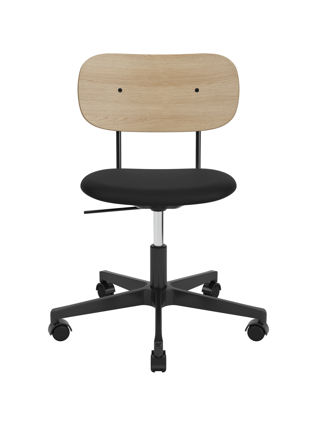 Co Task Chair featuring a natural oak backrest, black Sierra leather seat and a black five-star base with castors.