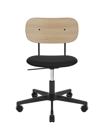 Co Task Chair featuring a natural oak backrest, black Sierra leather seat and a black five-star base with castors.