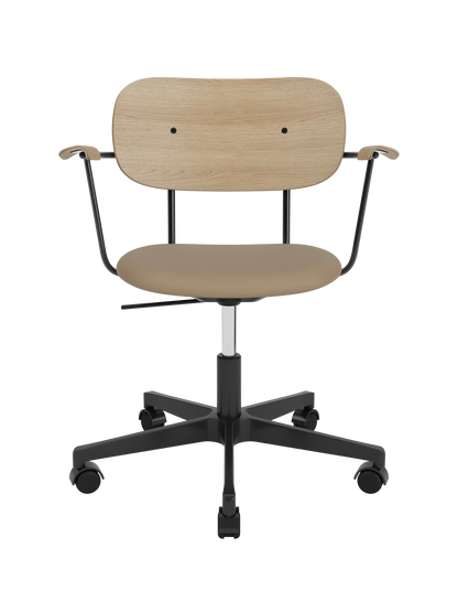 Co Task Chair with natural oak back and armrests, tan Sierra 1611 leather seat and a black swivel base with castors.