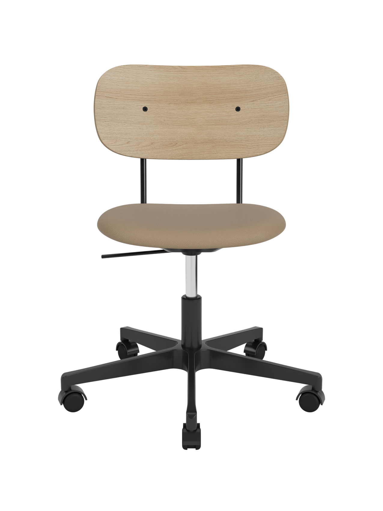 Co Task Chair featuring a tan upholstered seat, natural oak backrest and a black five-star swivel base with castors.