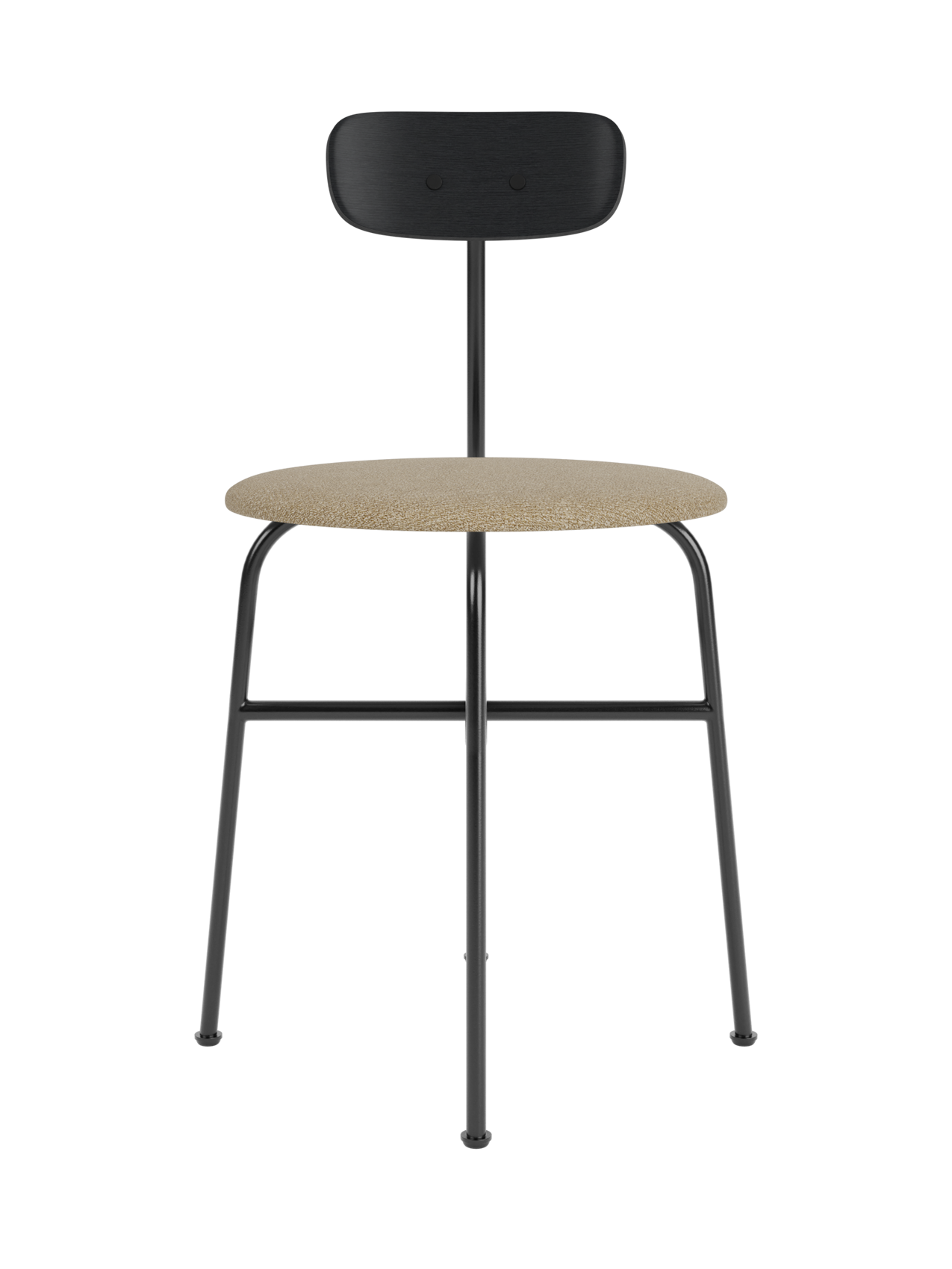 Afteroom Dining Chair with a beige bouclé upholstered seat, black oak backrest and a minimalist black steel frame.