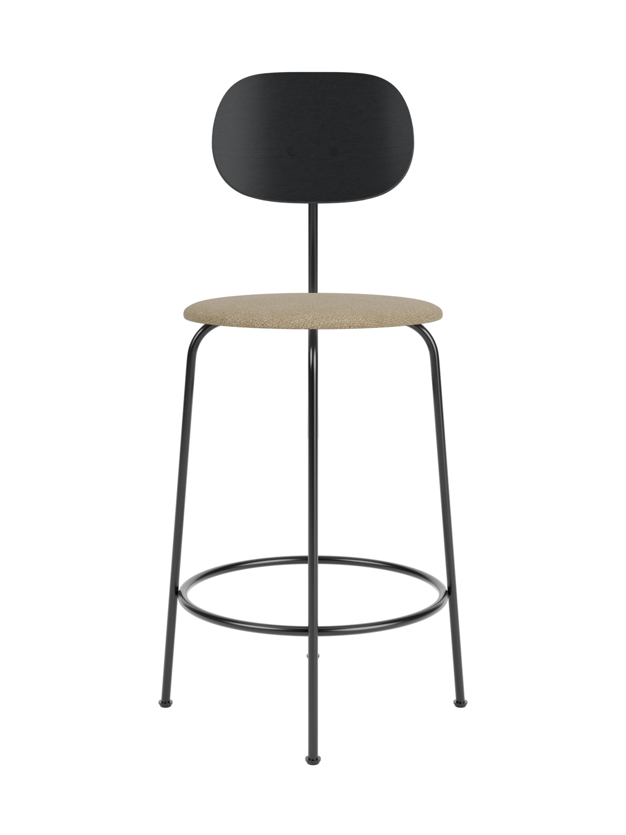 Afteroom Counter Chair Plus with black painted oak backrest and beige Audo Bouclé 02 upholstered seat on a black frame.