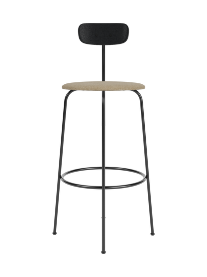Afteroom Bar Chair featuring a black painted oak backrest and beige Audo Bouclé upholstered seat on a black steel frame.