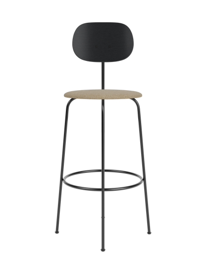 Afteroom Bar Chair Plus with beige Bouclé 02 seat and black painted oak backrest on a slender black metal frame.