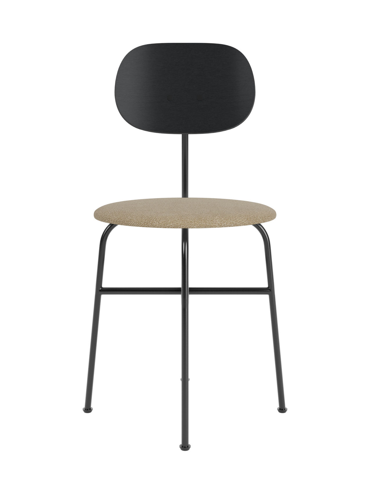 Afteroom Dining Chair Plus with a beige Audo Bouclé seat, black painted oak backrest and minimalist black steel frame.