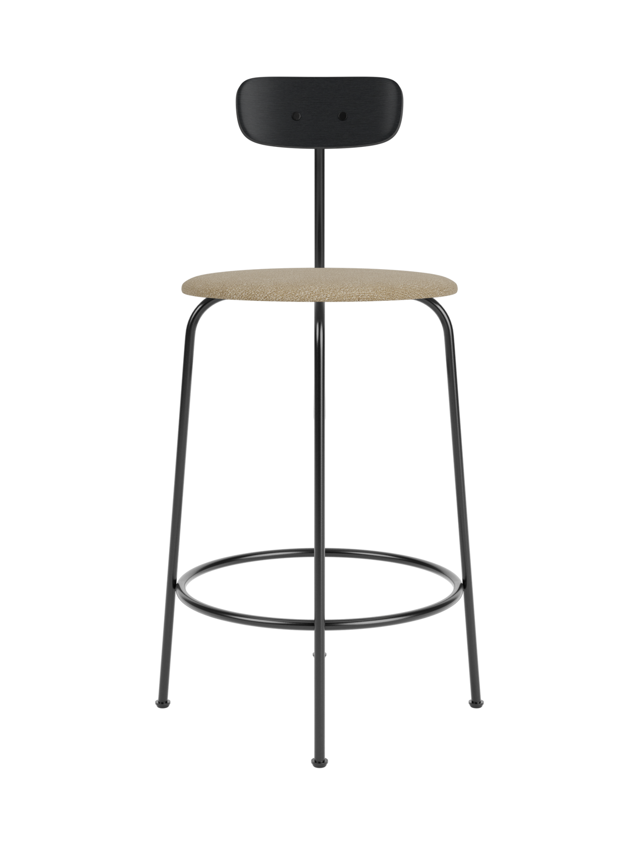 Afteroom Counter Chair with a black painted oak back, beige bouclé upholstered seat and minimalist black steel frame.
