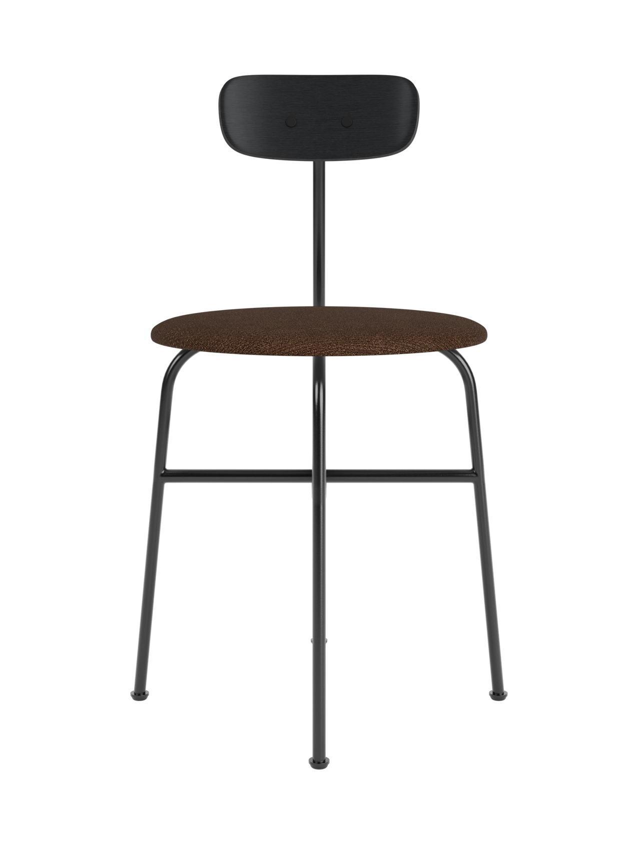 Afteroom Dining Chair with black painted oak backrest and brown Audo Bouclé 07 upholstered seat on a black frame.