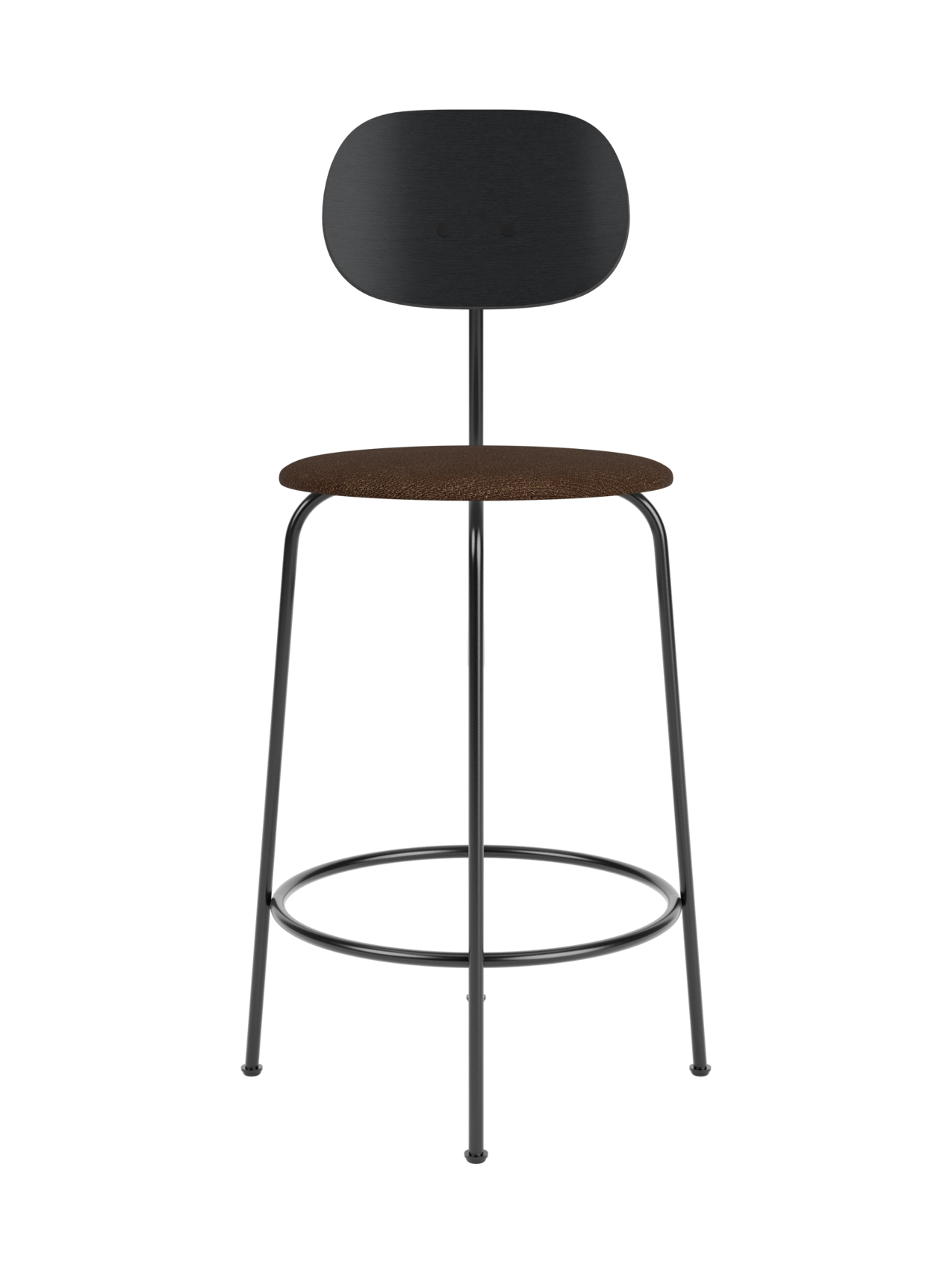 Afteroom Counter Chair Plus with a black oak backrest, brown bouclé upholstered seat and black powder-coated steel frame.