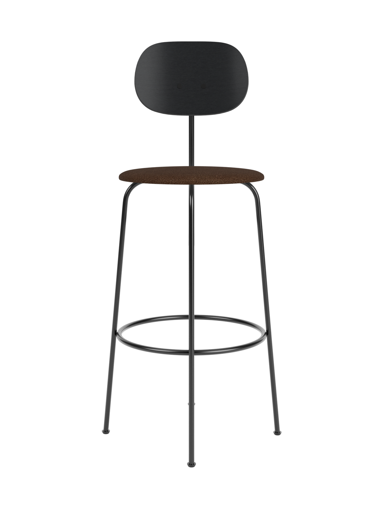 Afteroom Bar Chair Plus with black painted oak backrest and brown bouclé seat on a slender black metal frame.