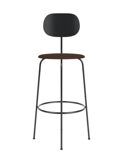 Afteroom Bar Chair Plus with black painted oak backrest and brown bouclé seat on a slender black metal frame.