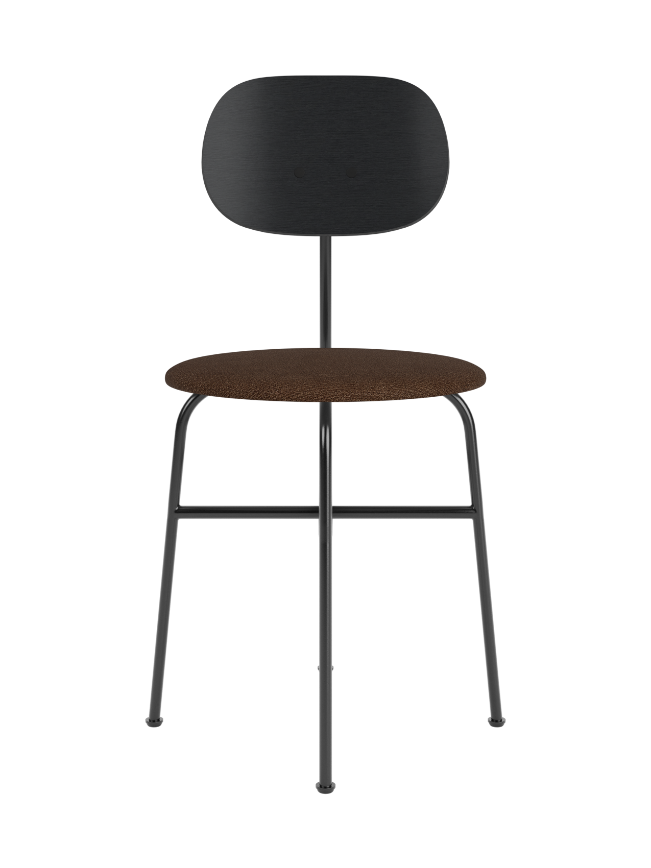 Afteroom Dining Chair Plus with black painted oak backrest, brown bouclé upholstered seat and black steel frame.