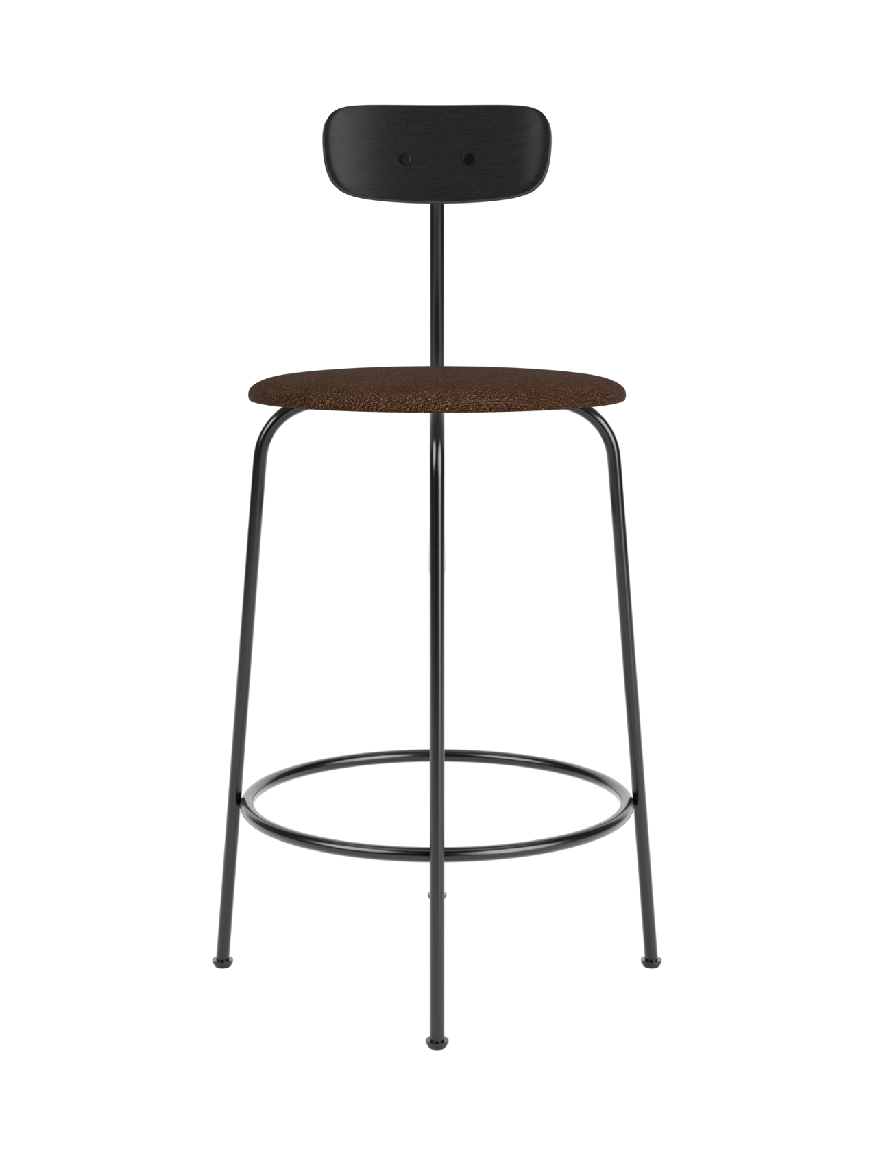 Afteroom Counter Chair featuring a black painted oak backrest and brown bouclé upholstered seat on black steel legs.
