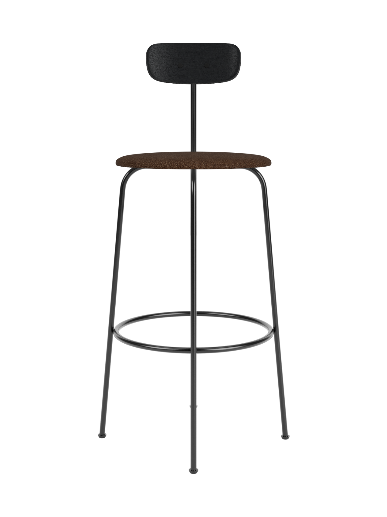 Minimalist Afteroom Bar Chair with a brown bouclé seat and black oak backrest on a four-legged steel frame.