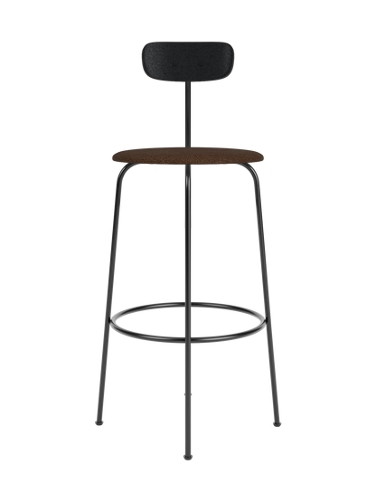 Minimalist Afteroom Bar Chair with a brown bouclé seat and black oak backrest on a four-legged steel frame.