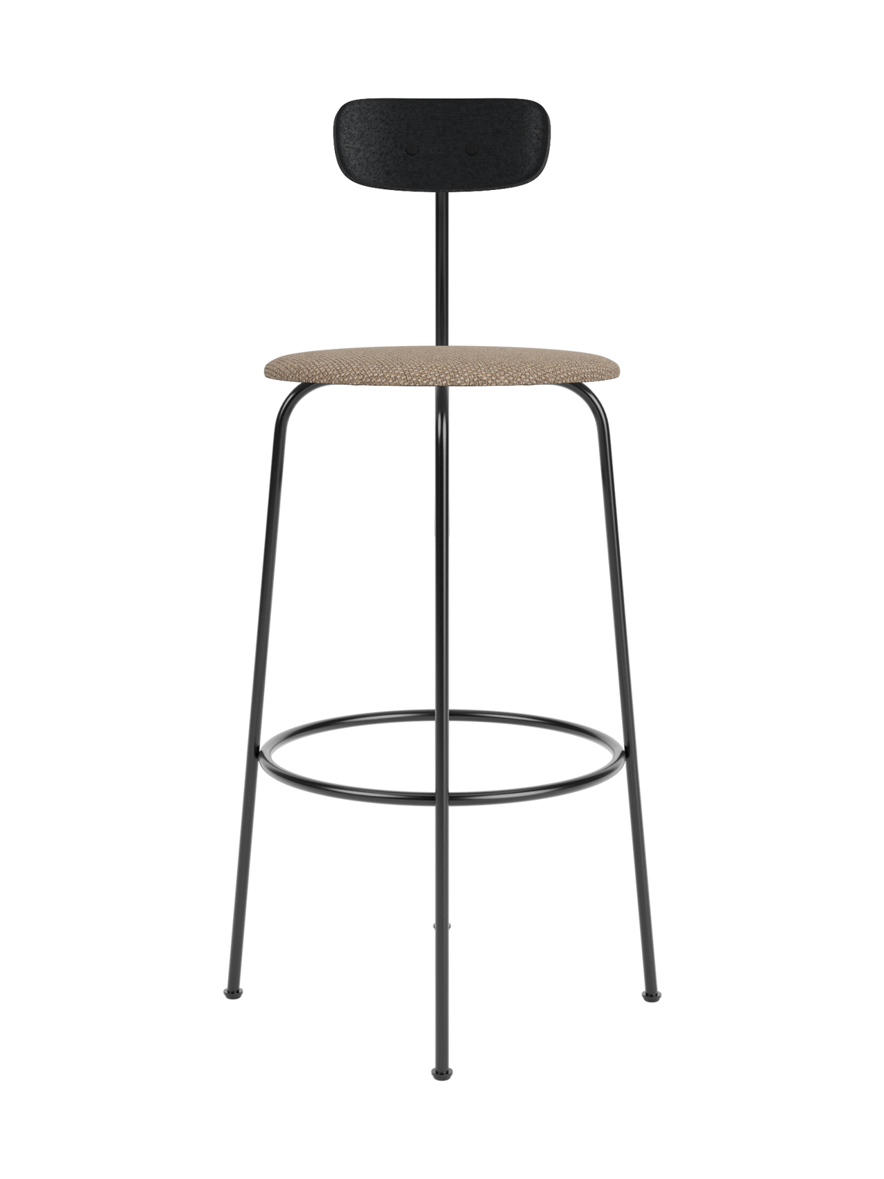 Afteroom Bar Chair with a black painted oak backrest and Logan Flint upholstered seat on a black powder-coated steel frame.