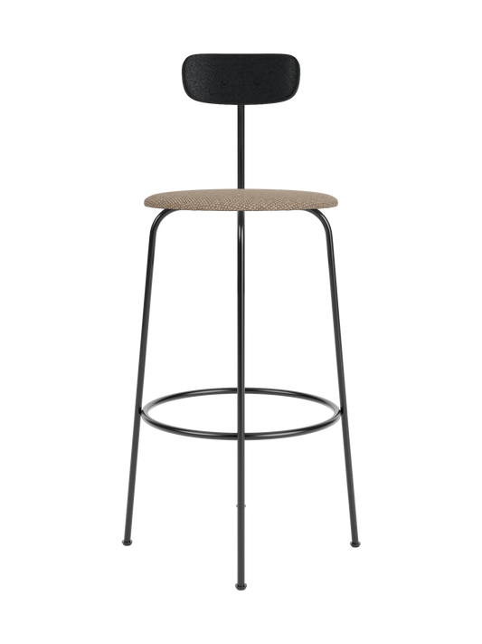 Afteroom Bar Chair with a black painted oak backrest and Logan Flint upholstered seat on a black powder-coated steel frame.