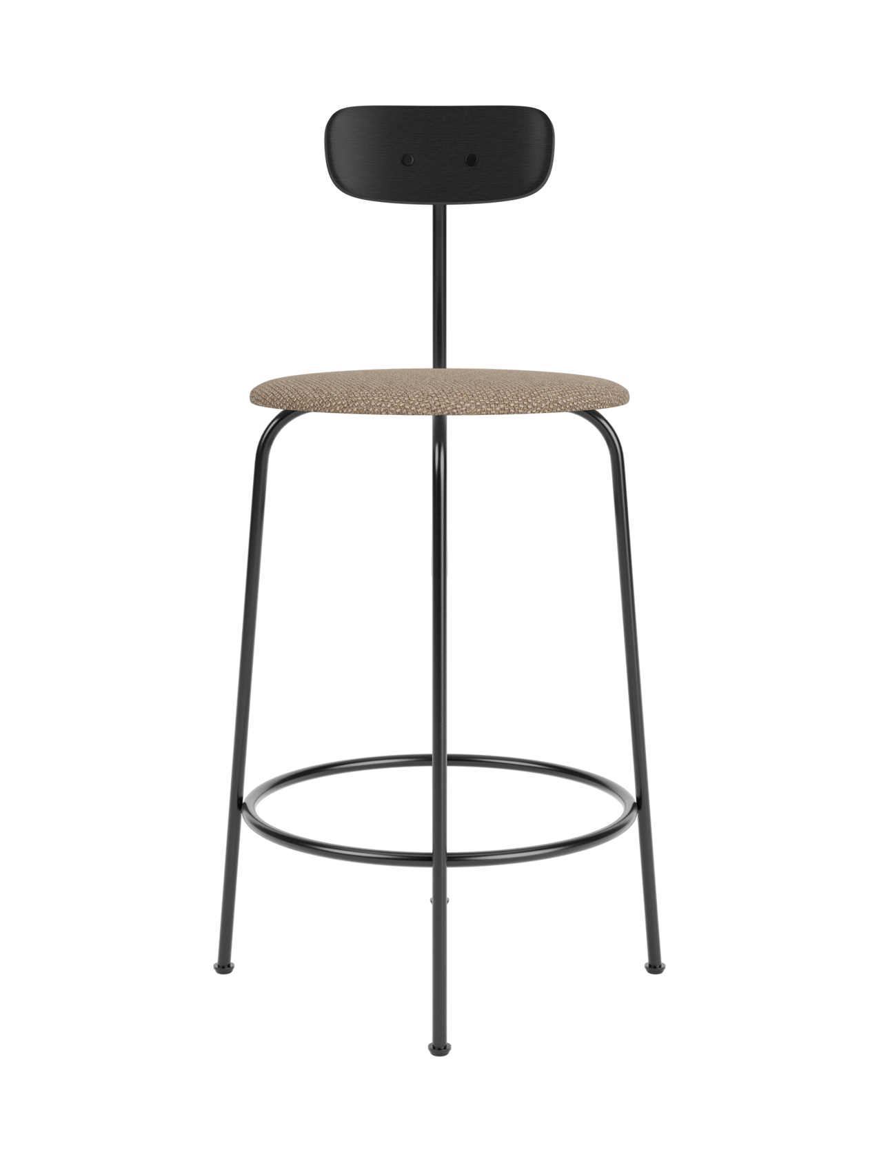Afteroom Counter Chair featuring a Logan Flint upholstered seat and black painted oak backrest on a slim black steel frame.