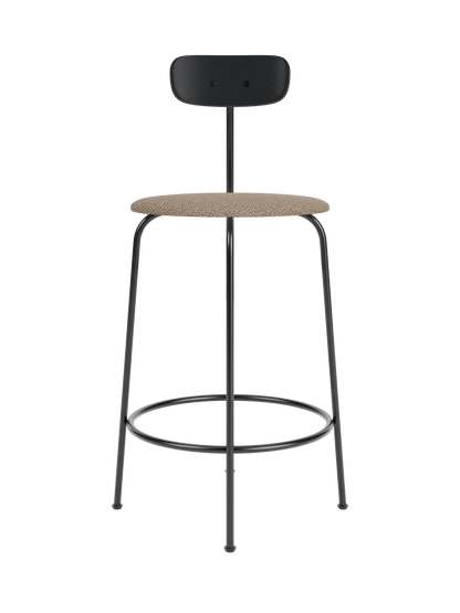 Afteroom Counter Chair featuring a Logan Flint upholstered seat and black painted oak backrest on a slim black steel frame.