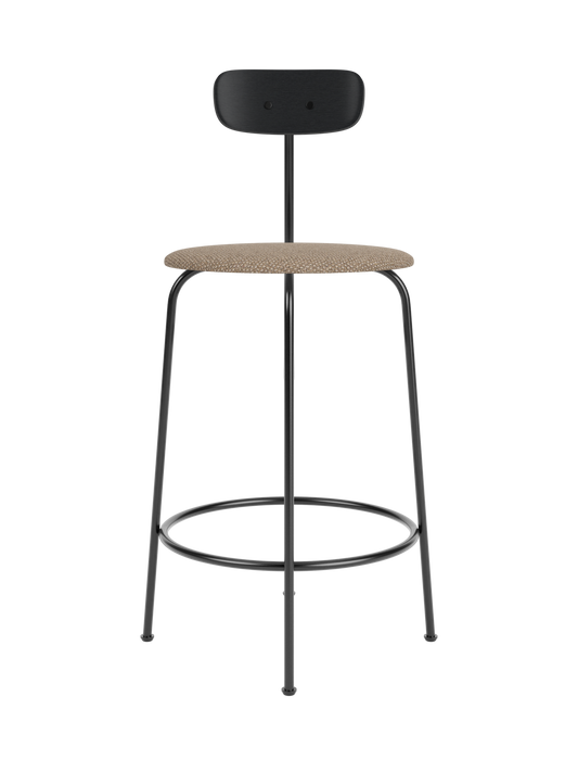 Afteroom Counter Chair featuring a Logan Flint upholstered seat and black painted oak backrest on a slim black steel frame.
