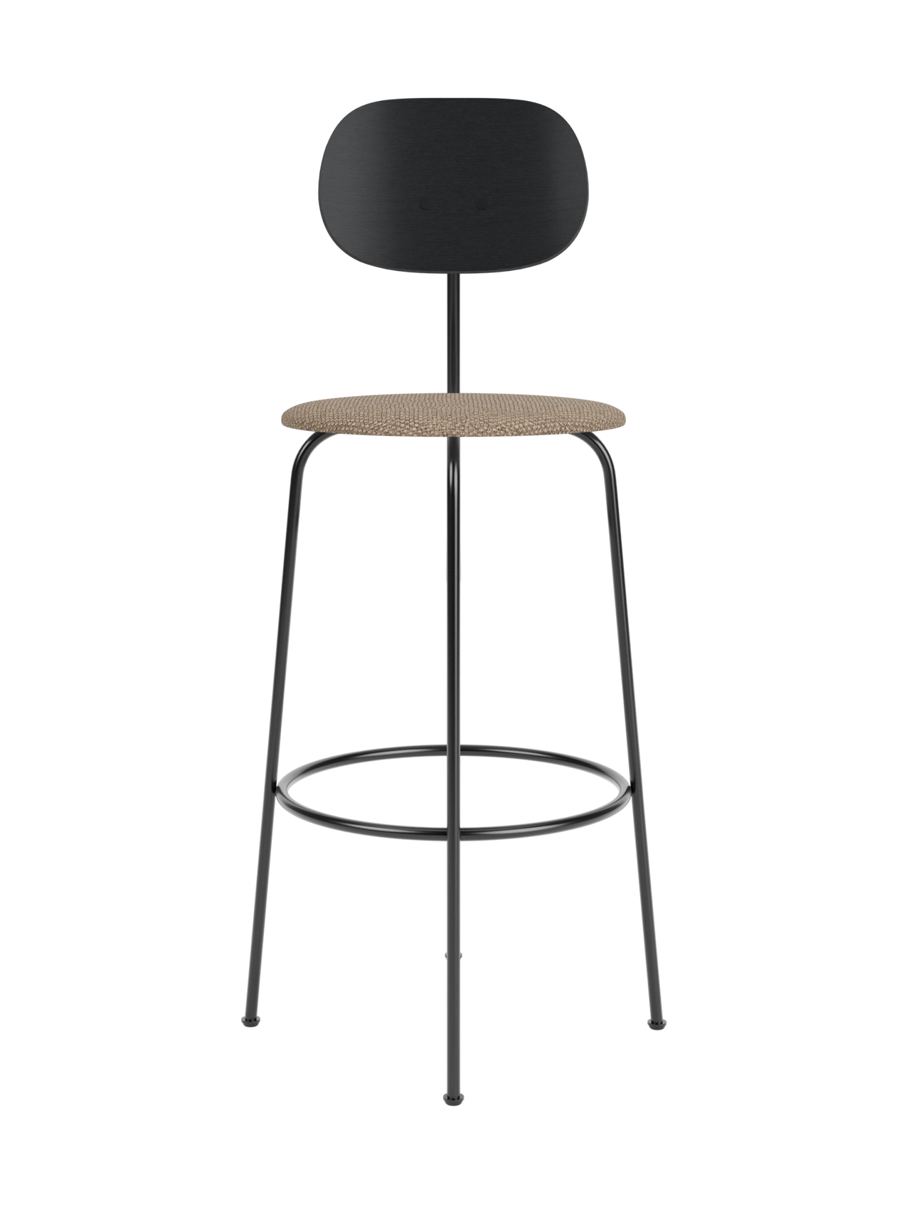 Minimalist Afteroom Bar Chair Plus with black oak backrest, Logan Flint upholstered seat and a slender black steel frame.