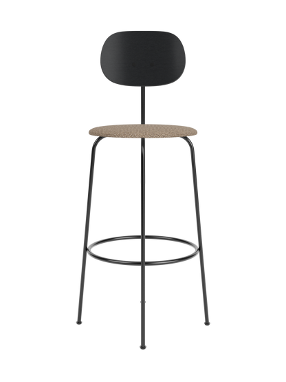Minimalist Afteroom Bar Chair Plus with black oak backrest, Logan Flint upholstered seat and a slender black steel frame.