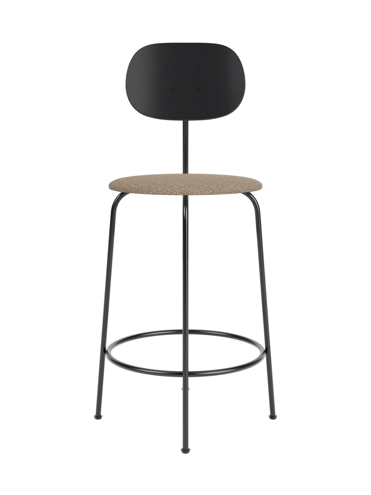 Afteroom Counter Chair Plus with a black oak backrest, Logan Flint upholstered seat and slender black metal frame.